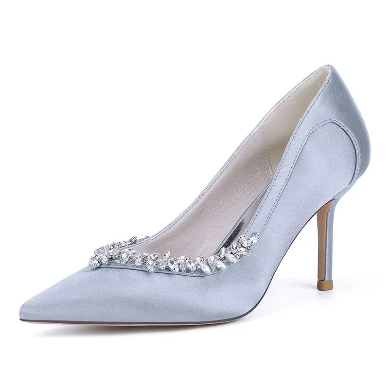 3.35" Closed Toe Wedding Shoes Satin Crystal Beaded Detail Bridal Heels