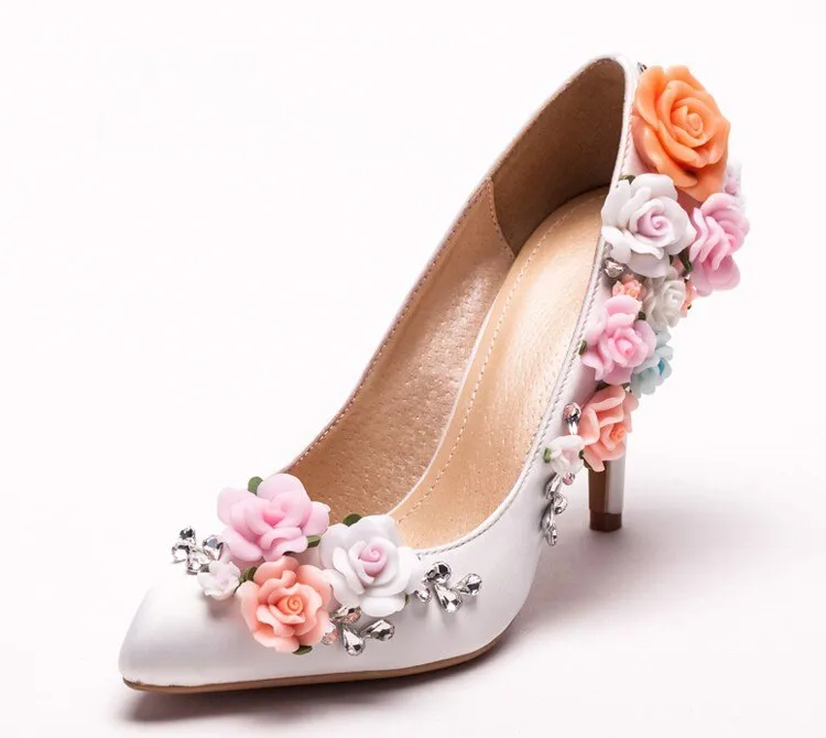 Custom Made White Satin Flower High Heel Lady shoes Elegant Bridal Wedding Shoes Pointed Toe Women Bridesmaid Shoes