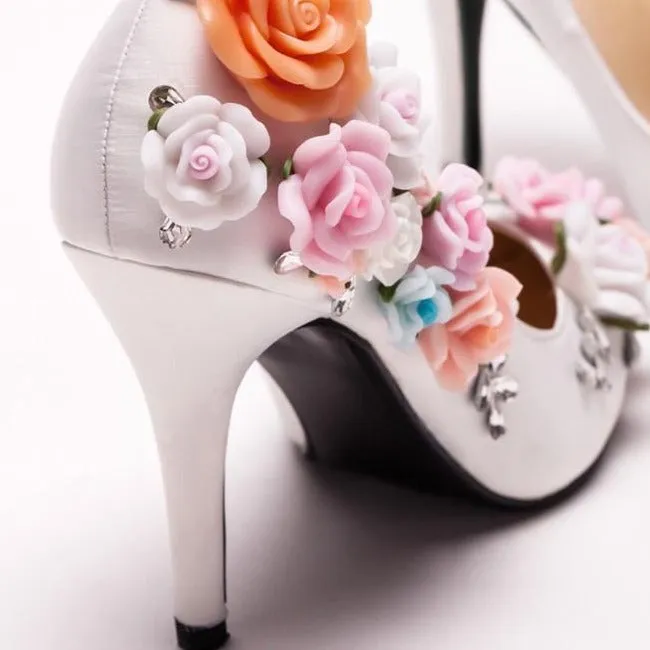 Custom Made White Satin Flower High Heel Lady shoes Elegant Bridal Wedding Shoes Pointed Toe Women Bridesmaid Shoes