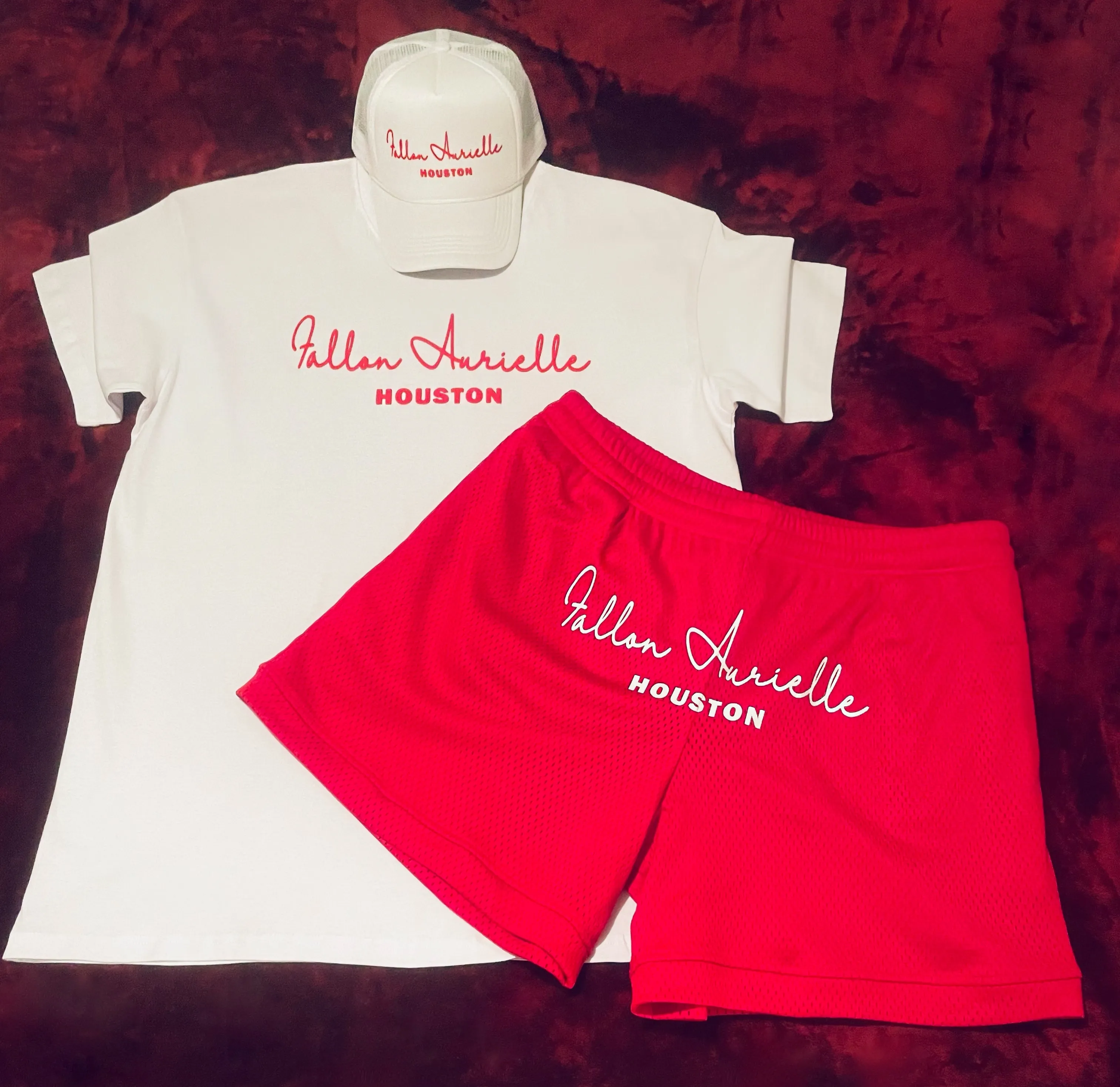 Fallon Aurielle Unisex Signature 3 Piece Houston Rep Yo Set Basketball Short Set (White & Red)